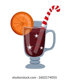 Glass of hot drink with an orange slice and a candy cane stick