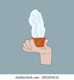 A glass with a hot drink in your hand. A man holds a red cup with hot green tea. It's time to drink tea. Drink hot, good tea. Vector illustration