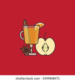 Glass Of Hot Mulled Cider And Ingredients Like Cinnamon, Apple, Orange And Star Anise Vector Illustration For Hot Mulled Cider Day On September 30.