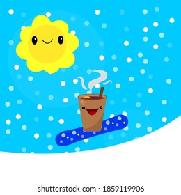 Glass with hot mulled wine cartoon character laughing and snowboarding on snowy slopes against the background of falling snow in the sky shining bright sun winter and entertainment concept