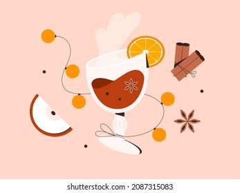 Glass of hot mulled wine, glogg, grog or punch with ingredients. Traditional festive drink recipe - orange, cinnamon, apple. Warm beverage for winter, autumn, Christmas. Isolated vector illustration