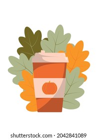 A glass of hot pumpkin latte. Autumn flat illustration on white background.