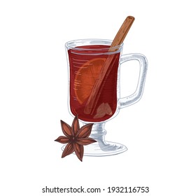 Glass of hot red mulled wine with winter spices and fruits. Spicy drink with cinnamon stick, cardamom seeds, star anise and orange slice. Hand-drawn vector illustration isolated on white background