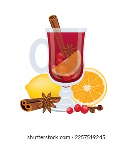 Glass of hot red mulled wine vector illustration. Glass of mulled wine with cinnamon, orange and lemon icon vector isolated on white background. Red punch with fruit and spices drawing
