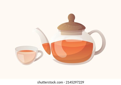 Glass hot tea cup vector with kettle, teapot vector set illustration isolated on white background tie time. modern design elements, icon logo design for tea shops. 