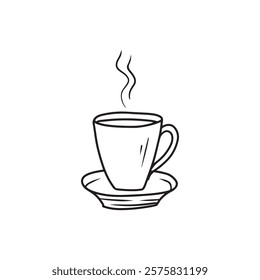 Glass of hot tea on plate drawing in black isolated on white background. Hand drawn vector sketch illustration in doodle vintage engraved line art style. Ink drawing, cafe, breakfast, menu