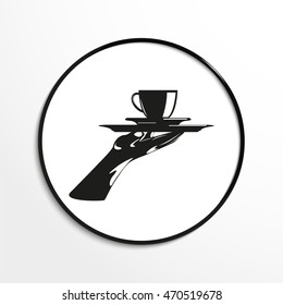 A glass of hot tea on a tray. Vector illustration. Black and white view.