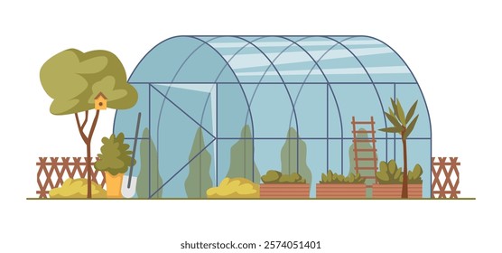 Glass hothouse for growing plants and flowers. Vector flat orangery for floral production. Farming and horticulture, growth of vegetables and vegetation in greenhouse with warm temperature