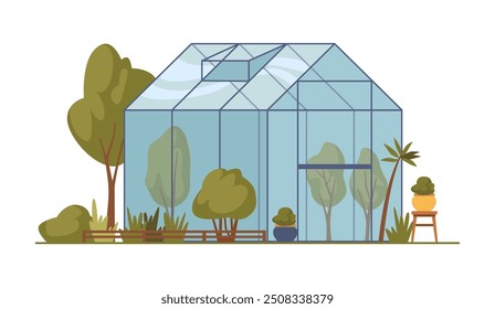 Glass house, greenhouse with growing plants. Vector flat organic orangery for flowers growth. Isolated natural ecosystem and temperature control for botany inside. Horticultural ecosystem