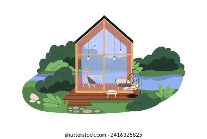 Casa de vidrio en la naturaleza. El exterior de la arquitectura moderna, el edificio de vacaciones de verano al aire libre. Acampada a orillas del agua con glamour y cómodos y cómodos cristales. Ilustración vectorial gráfica plana aislada en fondo blanco