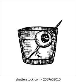 glass with human eye pierced by Cocktail Spiebe in engraving style hand drawn vector drawing. Halloween drink concept, scary drink decor for halloween party 