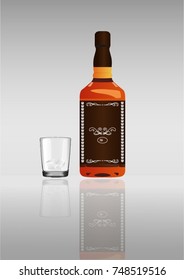 A glass with ice and a bottle of branded drink.