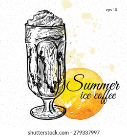 Glass of ice coffee. Hand drawn illustration.