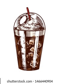 A glass of ice coffee in vintage style. Hand drawn engraved retro sketch for labels. Hot drink. Cappuccino template for a label or menu.