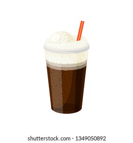 Glass of ice cream cola with straw. Vector illustration cartoon flat icon isolated on white.