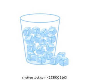 Glass with ice cube, frozen water drink in blocks. Refreshing ice cubes for drinking. Cold temperature in beverage. Vector illustration