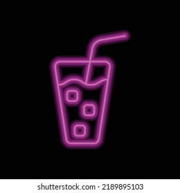 Glass with ice cube simple icon vector. Flat design. Purple neon on black background.ai