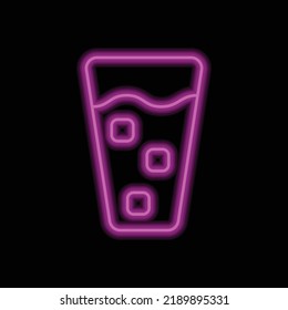 Glass and ice cube simple icon vector. Flat design. Purple neon on black background.ai