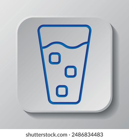 Glass and ice cube simple icon vector. Flat design. Paper cut design. Cutted blue symbol with shadow. Gray badge button, gray background.ai