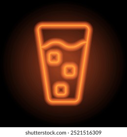 Glass and ice cube simple icon vector. Flat design. Orange neon on black background.ai