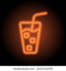 Glass with ice cube simple icon vector. Flat design. Orange neon on black background.ai