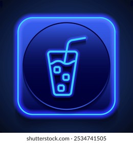 Glass with ice cube simple icon vector. Flat design. Blue neon style on button. With shadow.ai