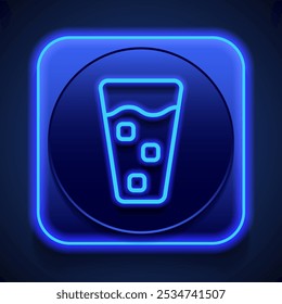 Glass and ice cube simple icon vector. Flat design. Blue neon style on button. With shadow.ai