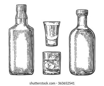 Glass with ice cubes and bottle. Engraving vintage vector black illustration. Isolated on white background. Hand drawn design element for label and poster