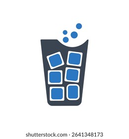 Glass with ice cubes and bubbles icon