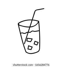 Glass with ice and a plastic tube Doodle illustration.Black and white image with a contour line.Drink with ice.Summer, sun, beach, vacation, party.Vector illustration