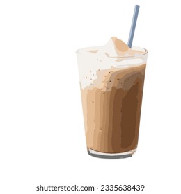 a glass of ice tea with milk and blue staw