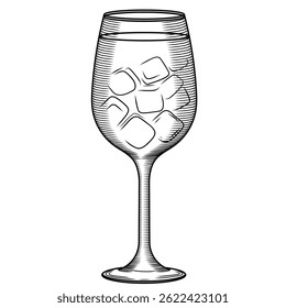 Vidro com ilustração de vetor de gelo em estilo de esboço. Imagem em preto e branco desenhada à mão de coquetel ou água. Spritz ou gravura em limoncello. Para barra e menu.