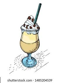 A glass of iced cappuccino with foam in vintage style. Hand drawn engraved retro sketch for labels. Hot drink. Coffee drink template for a label or menu. Isolated cold summer drink.