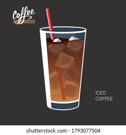 Glass of iced coffee with straw on black background vector illustration