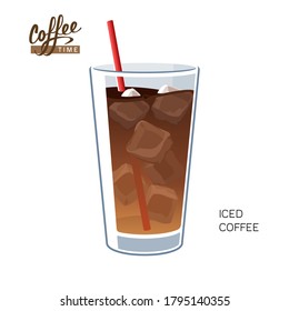 Glass of iced coffee with straw on white background vector illustration