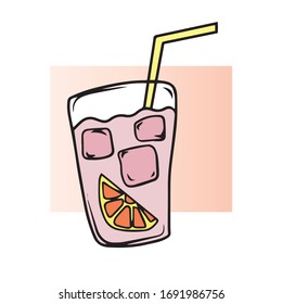 A glass of iced lemonade and a slice of orange .Vector summer children's design for postcards-banners.Rest