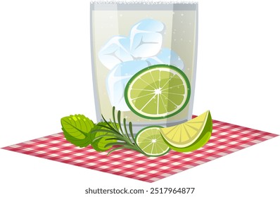 Glass of iced lime drink with herbs