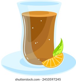 Glass of iced tea with lemon slice and mint leaf on saucer. Refreshing cold beverage drink. Summer refreshment and cool beverage concept vector illustration.