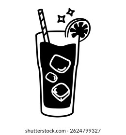 Glass of iced tea with a straw and a slice of lemon. The glass is half full