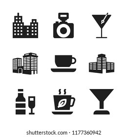 glass icon. 9 glass vector icons set. building, photo camera with flash and wine icons for web and design about glass theme