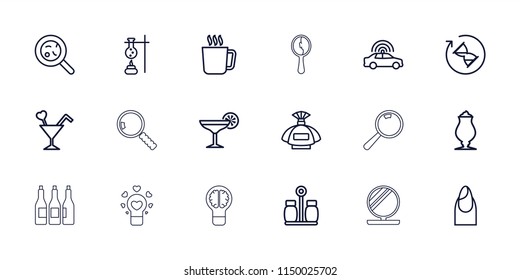 Glass icon. collection of 18 glass outline icons such as mug, police car, perfume, nail, test tube, milkshake, bacteria, cocktail. editable glass icons for web and mobile.