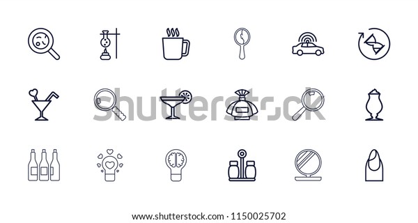 Glass icon. collection of
18 glass outline icons such as mug, police car, perfume, nail, test
tube, milkshake, bacteria, cocktail. editable glass icons for web
and mobile.