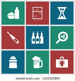 Glass icon. collection of 9 glass filled icons such as pepper, search share, hourglass, bottle, window, drink and food, beer mug. editable glass icons for web and mobile.