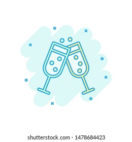 Сhampagne glass icon in comic style. Alcohol drink vector cartoon illustration on white isolated background. Cocktail splash effect business concept.