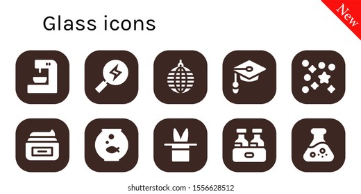 glass icon set. 10 filled glass icons.  Collection Of - Coffee machine, Search, Mirror ball, Unemployed, Confetti, Cream, Fishbowl, Magic, Beer, Flask icons