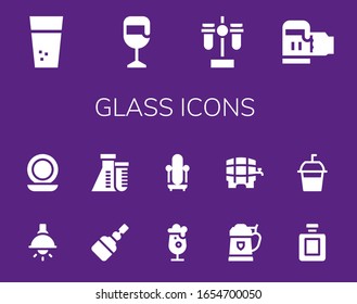 glass icon set. 14 filled glass icons.  Simple modern icons such as: Water, Beer, Test tube, Lamp, Mirror, Fermentation, Flask, Fragance, Soda