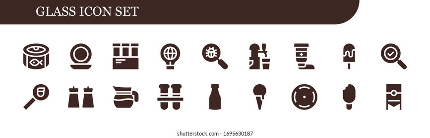 Glassymbol-Set. 18 gefüllte Glassymbole. Einschließlich Lebensmittelkonserven, Spiegel, Teströhre, Idee, Virussuche, Bier, Creme, Eis, Suche, Salz, Jug, Teströhren, Milch, Fokus-Symbole