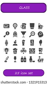 glass icon set. 25 filled glass icons.  Simple modern icons about  - Microwave, Idea, Dark beer, Glass, Tea, Magnifying Mirror, Cocktail, Search, Ice cream, Birthday, Beer