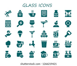  glass icon set. 30 filled glass icons. Simple modern icons about  - Telescope, Eye dropper, Tea, Gps, Beer, Hourglass, Jam, Search, Wine glass, Cocktail, Birthday, Webcam, Idea