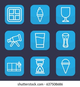 Glass icon. set of 9 outline glass icons such as window, clean window, ice cream, milk glass, fragile cargo, drink, telescope
